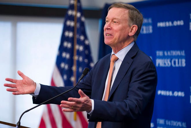 Former Colorado Governor John Hickenlooper speaks during a media availability at the National Press Club, Thursday, June 13, 2019, in Washington.