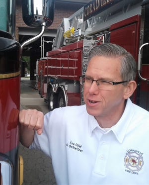 Coralville’s current fire chief is Orey Schwitzer, a 24-year veteran of the local department. Starting with a non-motorized hose truck and 12 volunteers 90 years ago, Coralville today has two modern fire stations housing 13 vehicles, manned by nearly 40 paid and volunteer members.
