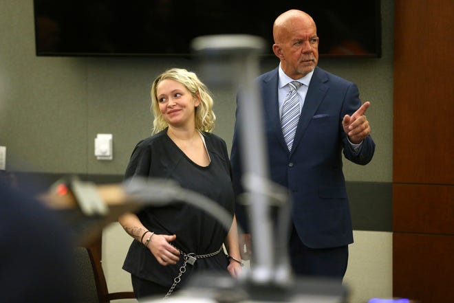 Kelsey Turner, left, with her attorney Brian Smith, appears for her court hearing where she pleaded not guilty to a murder charge in the death of a California psychiatrist, at the Regional Justice Center in Las Vegas, Thursday, June 13, 2019. (Erik Verduzco/Las Vegas Review-Journal via AP)