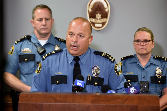 St. Paul Police Chief Todd Axtell speaks during a news conference, Thursday, June 13, 2019 in St. Paul, Minn. St. Paul's police chief has fired five officers for allegedly failing to intervene in an assault at a business. (John Autey/Pioneer Press via AP)