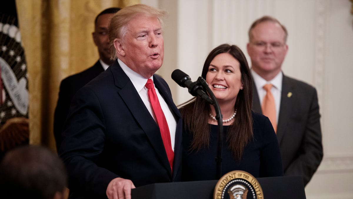 President Donald J. Trump announces the departure of White House Press Secretary Sarah Sanders during an event on second chance hiring programs for felons following incarceration in the East Room of the White House in Washington, DC, USA, 13 June 2019.