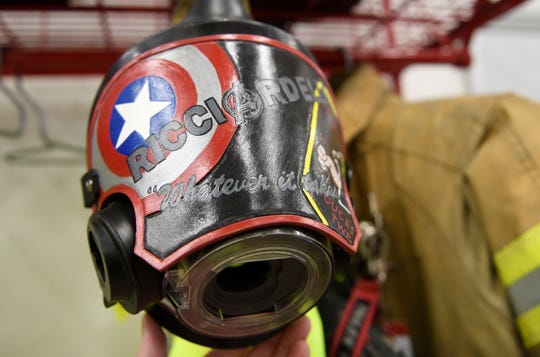 Michael Ricciardelli holds his custom made respirator at the Glendora Fire Company on Thursday, June 13, 2019.