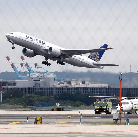 A United Airlines plane takes off from Newark Libe