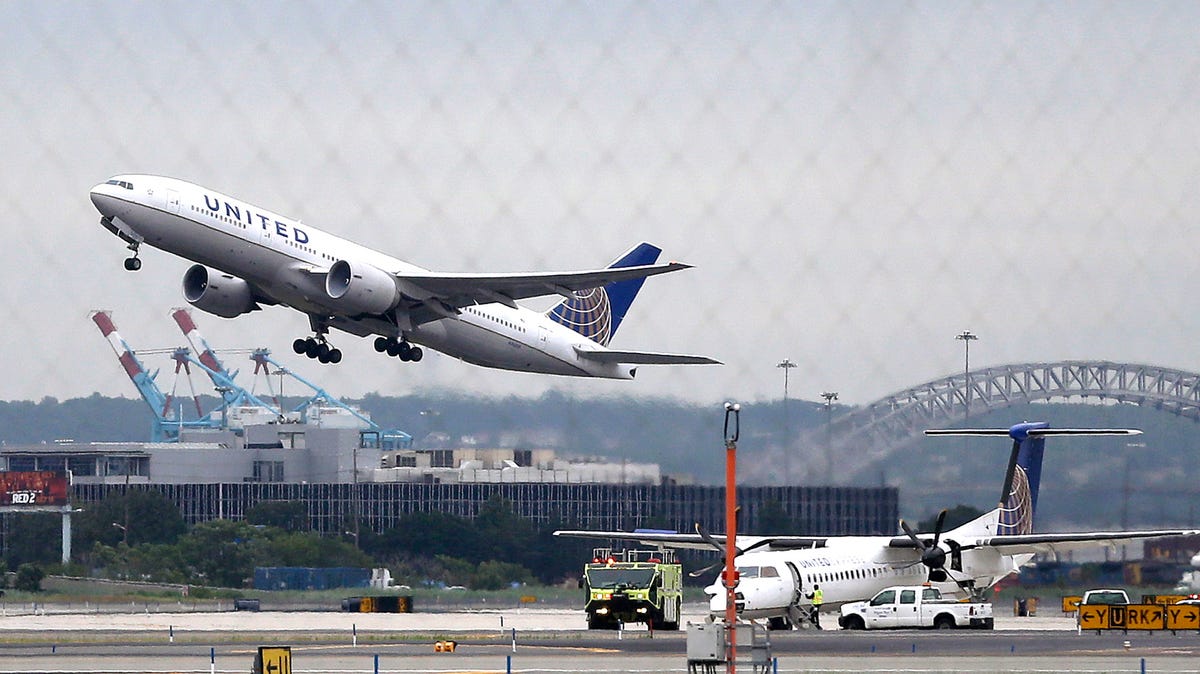 A United Airlines plane takes off from Newark Liberty International Airport, in Newark, N.J.
