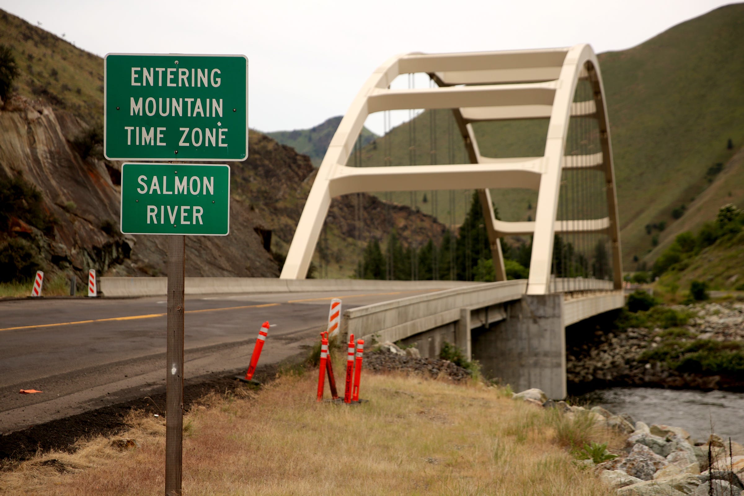 The Salmon River divides the Mountain and Pacific time zones at Riggins, Idaho on June 12, 2019.