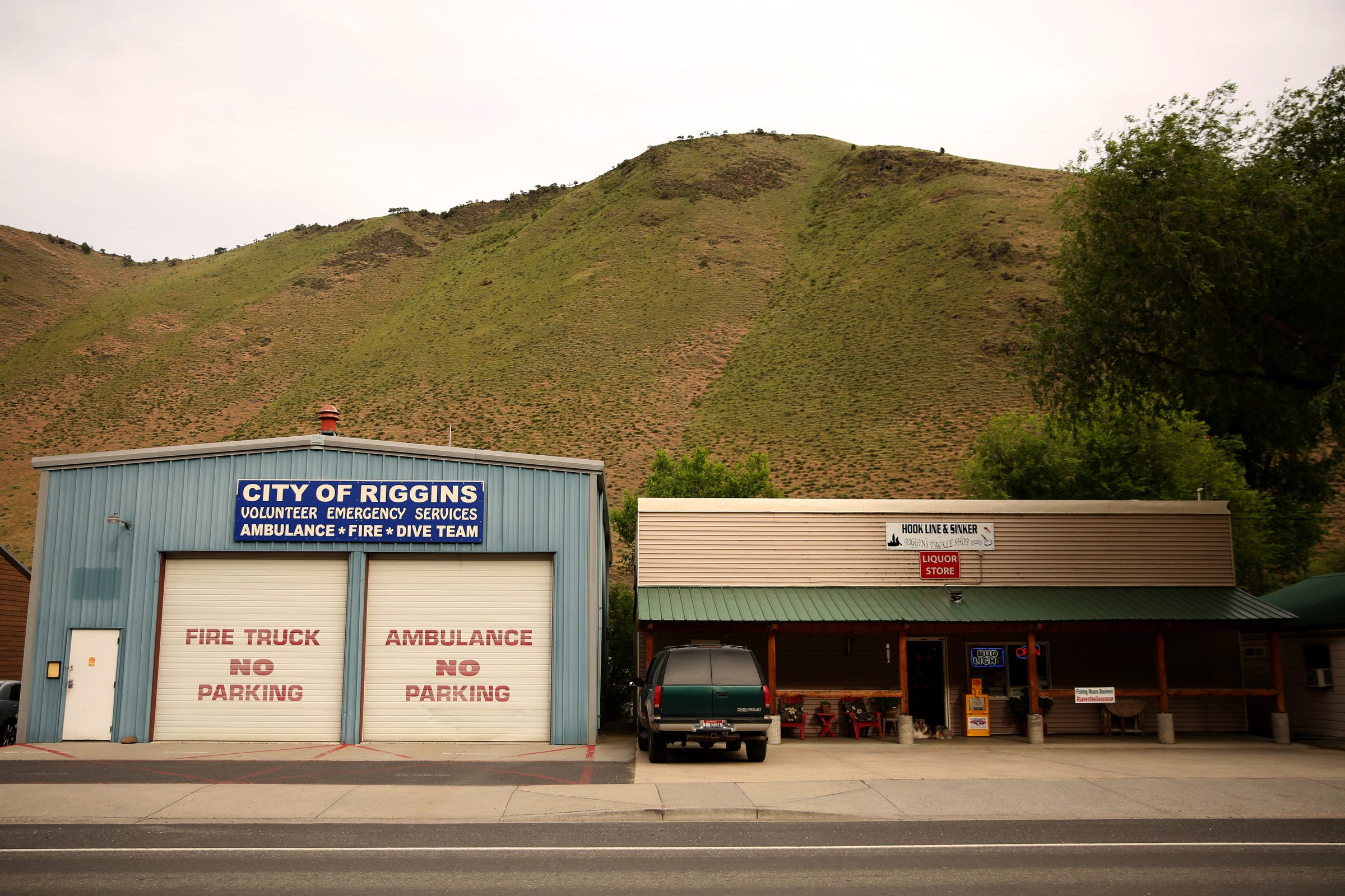 The City of Riggins Volunteer Emergency Services sits next door to a tackle shop. Riggins' wildfire hazard score of 3.5 puts it in the top 10 percent of Idaho communities at risk of wildfire.