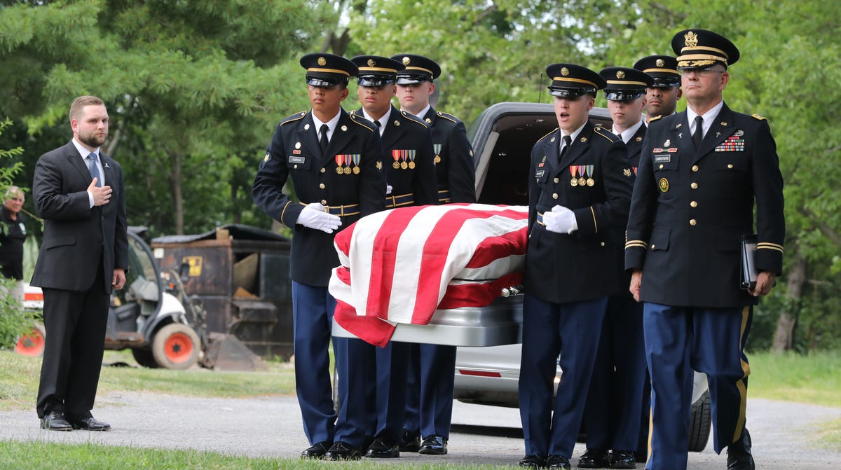 The military honor guard carry the casket of West Point Cadet Christopher J. Morgan, during his interment ceremony at West Point, June 15, 2019. Over 1500 family, friends and military personnel attended, as well as former President Bill Clinton who delivered remarks at the memorial service.