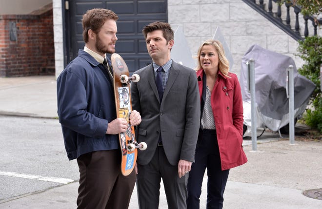 Chris Pratt as Andy Dwyer, Adam Scott as Ben Wyatt, Amy Poehler as Leslie Knope in "Parks and Recreation."