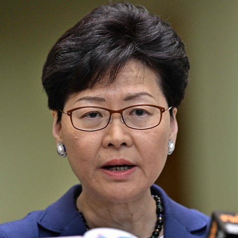 Chief Executive Carrie Lam is pictured holding a...