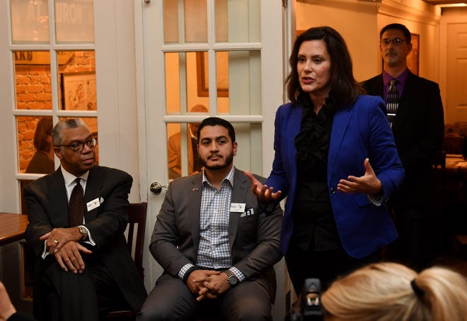 Candidate Gretchen Whitmer speaks at a marijuana legalization forum with the candidates for governor at Sidetrack Bar & Grill in Ypsilanti in this Nov. 14, 2017, file photo.  Whitmer is among 18 governors to sign a letter urging Congress to open the U.S. banking system to the legal marijuana industry.
