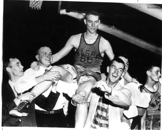 King Kelly Coleman was hoisted on the shoulders of fans after scoring 68 points in the third-place game of the 1956 state basketball tournament at Memorial Coliseum in Lexington. He was still mad because the crowd had booed him in an earlier game. He played for Wayland High School.