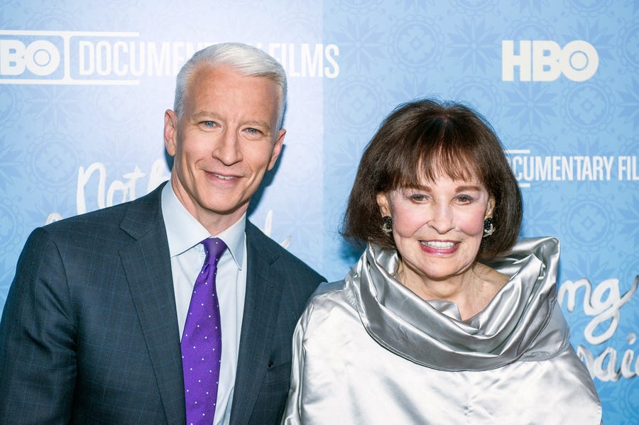 Anderson Cooper and Gloria Vanderbilt attend the premiere of "Nothing Left Unsaid" at the Time Warner Center on April 4, 2016, in New York City.