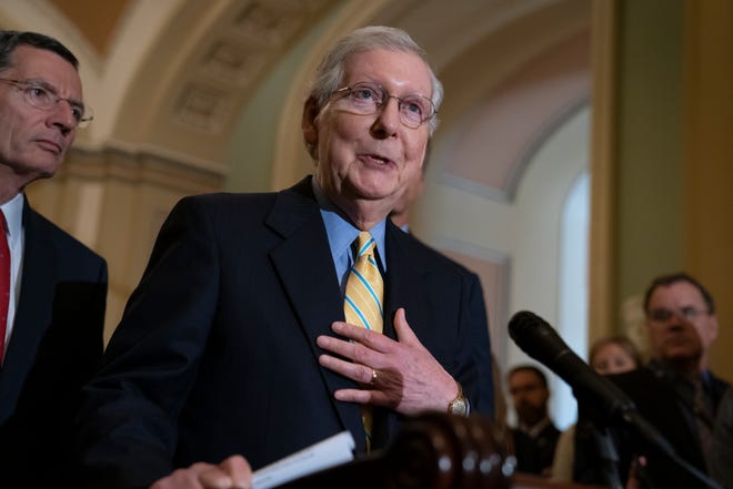 Senate Majority Leader Mitch McConnell, R-Ky, speaks to reporters following a GOP policy conference, at the Capitol in Washington, Tuesday, June 11, 2019.