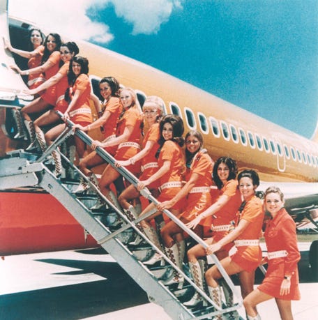 Southwest Airlines flight attendants wore hot pants in the 1970s.