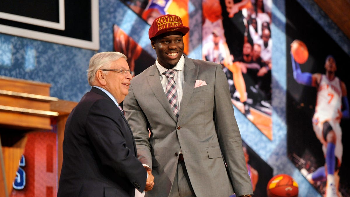 Anthony Bennett (UNLV) shakes hands with NBA commissioner David Stern after being selected as the number one overall pick to the Cleveland Cavaliers during the 2013 NBA Draft at the Barclays Center.