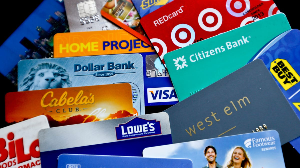 An assortment of credit cards.