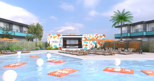 A rendering of Taco Bell-themed pool decor and amenities planned for The Bell. Reservations for the first  ever Taco Bell pop-up hotel open June 27, 2019. The Bell will take over V Palm Springs, 333 E. Palm Canyon Drive, Aug. 8-12.