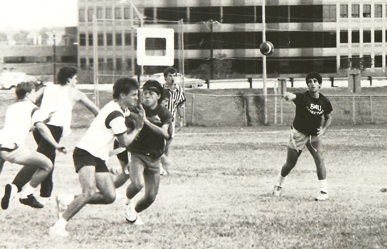 A photo from Trinity University in 1986 shows Rick Singer, far right, playing flag football