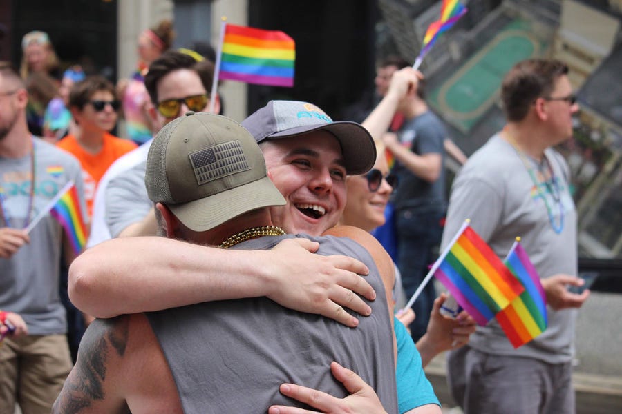 Scott Dittman gives a hug at the Pittsburgh Pride Parade.