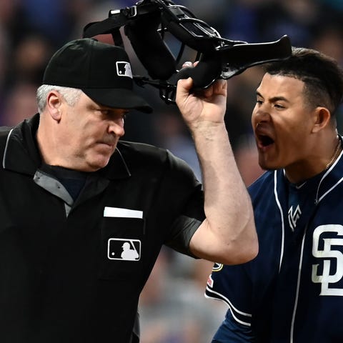 Machado argues with home plate umpire Bill Welke.