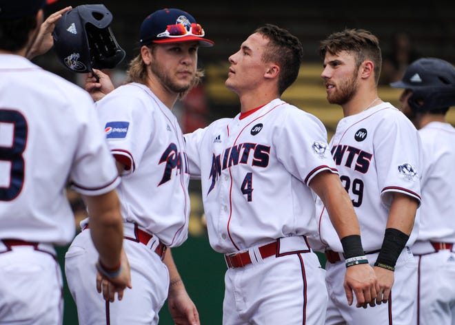 Paints infielder Gavin Homer celebrates with teammates in a 2-1 win over West Virginia on June 19, 2019. Homer hit a three-run home run in a 3-2 win over the Terre Haute Rex on Saturday.