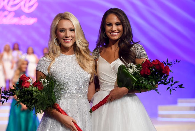 Miss Queen City Noelle Thompson and Miss Chattanooga Samantha Havenstrite walk the runway after being named Talent and Lifestyle and Fitness preliminary winners respectively during night one of the 2019 Miss Tennessee Scholarship Pageant, Wednesday night, June 19, at the Carl Perkins Civic Center.