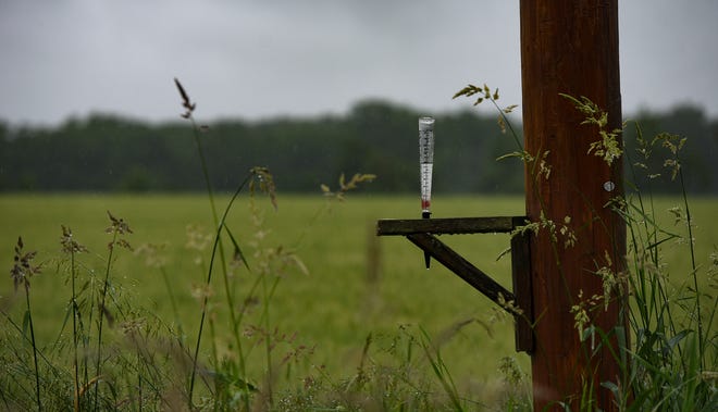 A rain gauge attached to a post near a rural Alaiedon Township field, pictured June 20, 2019,