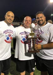 TJ Kroncke, center, has been named new head football coach at Pal Park/Leonia. Here he is after the Bergen All-Star football game with coach Joseph Gingerelli, left, and Lyndhurst coach Rich Tuero.