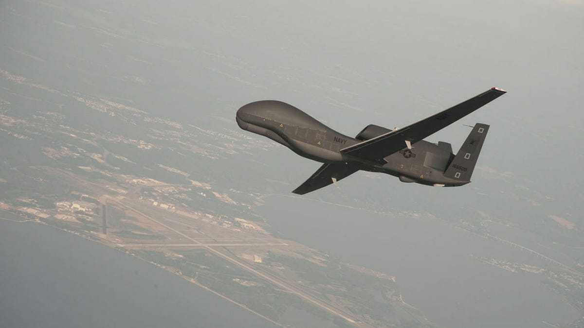 A handout photo made available by the US Navy provided by Northrop Grumman, a RQ-4 Global Hawk  unmanned aerial vehicle conducts tests over Naval Air Station Patuxent River, Maryland, USA 25 June 2010. Media reports on 20 June 2019 state that Iran's Islamic Revolution Guards Corps (IRGC) claim to have shot down a US spy drone over Iranian airspace, near Kuhmobarak in Iran's southern Hormozgan province. The US military has not confirmed if a   drone was hit.