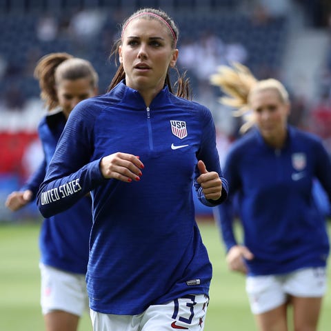 Alex Morgan of the USA warms up prior to the 2019...