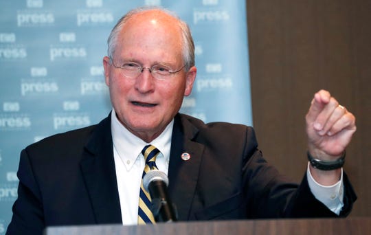 Former Mississippi Supreme Court Chief Justice Bill Waller, a candidate for the Republican nomination for governor, addresses editors and publishers at the annual Mississippi Press Association Candidates Forum in Biloxi, Miss., Friday, June 21, 2019. (AP Photo/Rogelio V. Solis)
