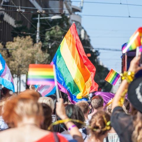 Picture of a crowd of people holding and raising r