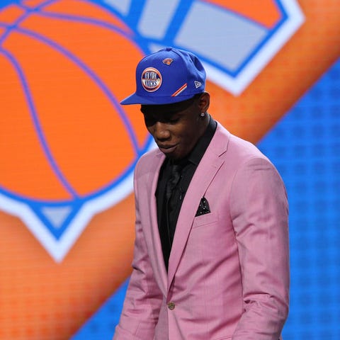 RJ Barrett (Duke) reacts after being selected as...