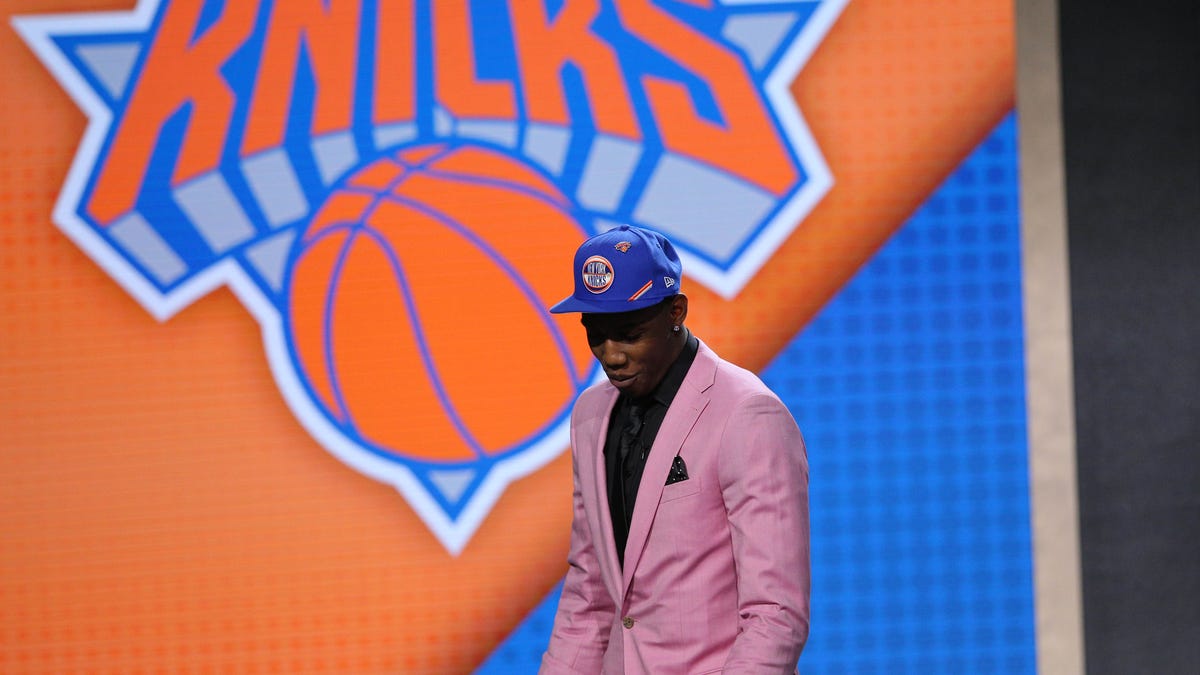 RJ Barrett (Duke) reacts after being selected as the No. 3 overall pick to the New York Knicks.