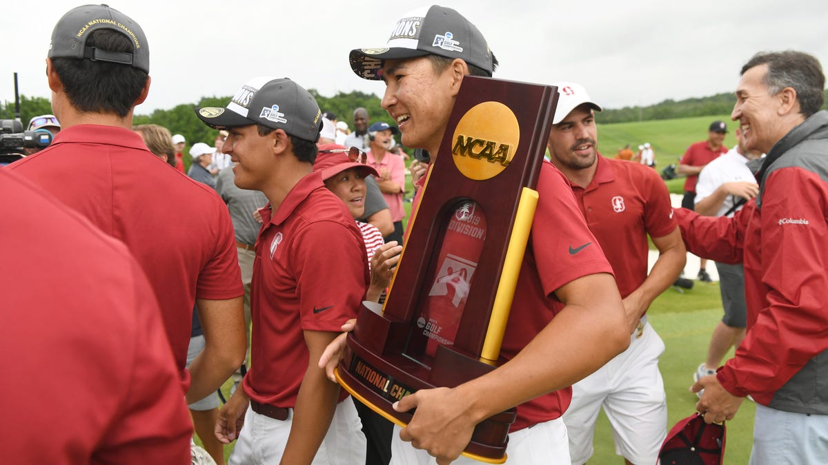 Isaiah Salinda and his Stanford teammates celebrate winning the NCAA men's college golf tournament in May. Stanford and 22 other California schools could be prohibited from participating in NCAA championships if the state passes a bill addressing name, image or likeness.