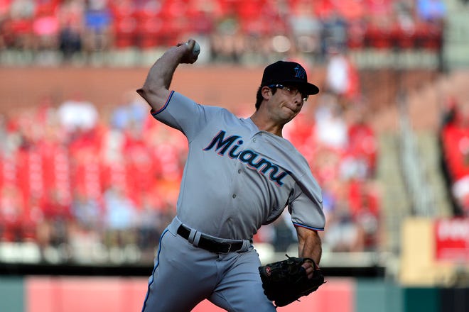 Jun 20, 2019; St. Louis, MO, USA; Miami Marlins starting pitcher Zac Gallen (52) pitches during the first inning against the St. Louis Cardinals at Busch Stadium. Mandatory Credit: Jeff Curry-USA TODAY Sports