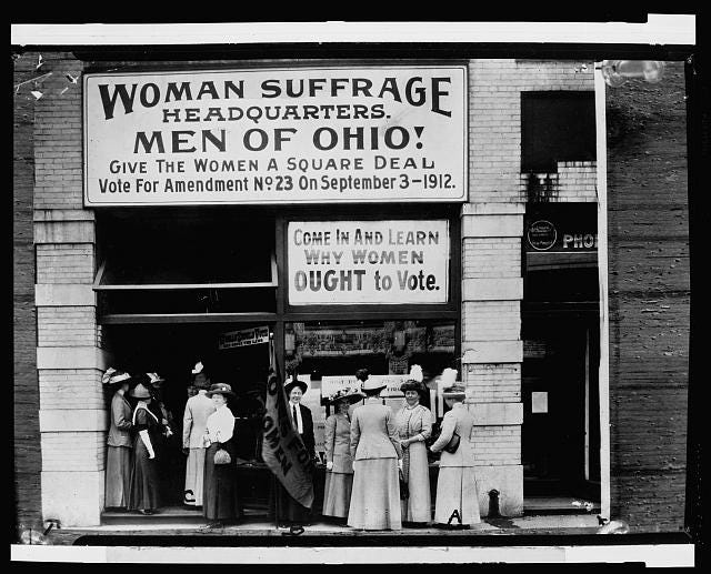 Woman suffrage headquarters on Upper Euclid Avenue, Cleveland in 1912. A symposium at OSU-Marion this weekend will discuss how women's right to vote affected Warren Harding's election to the presidency.