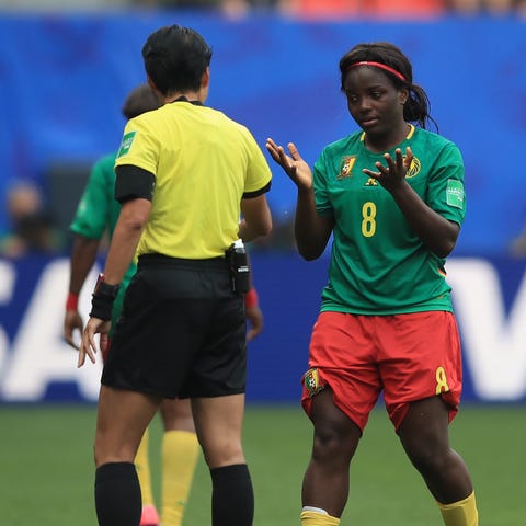 Raissa Feudjio of Cameroon complains to Referee...