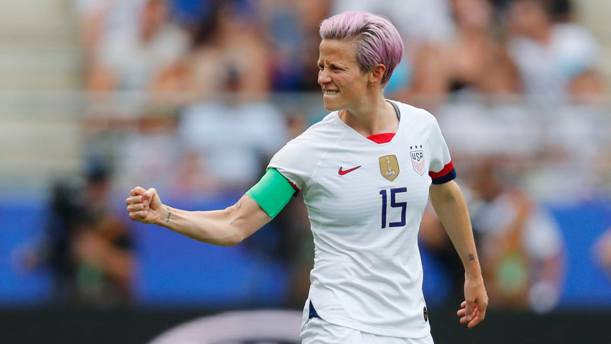 June 24: United States forward Megan Rapinoe celebrates after scoring a penalty kick goal during the first half against Spain.