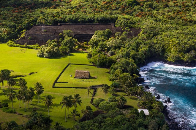 Pi'ilanihale Heiau, near the town of Hawaiian town of Hana on Maui, covers nearly three acres, including a giant stone platform with volcanic stone walls.