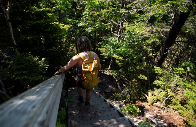 A hiker moves down stairs added to a portion of the trail around Sterling Pond in Jeffersonville, VT, June 23, 2019.