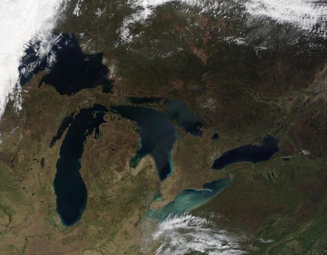 This MODIS image from May 4, 2002, shows The North American Great Lakes: (from left to right) Superior, Michigan, Huron, Erie, and Ontario.