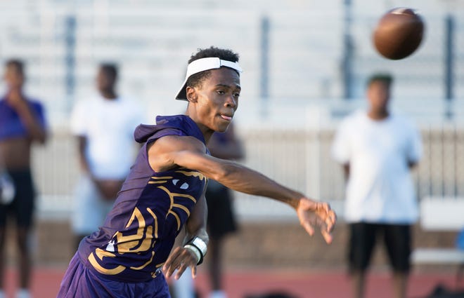 Camden quarterback Jalin Brownlee releases a pass as Camden faced Cherry Hill West in the Adam Taliaferro 7-on-7 Football Tournament championship game played at Rowan University in Glassboro on Wednesday, June 26, 2019.  Camden defeated Cherry Hill West, 25-8,