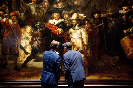 General director Taco Dibbits (L) of the Rijksmuseum and Thierry Vanlancker (CEO) of AkzoNobel will collaborate on the major restoration of Rembrandt van Rijn's The Night Watch in Amsterdam, The Netherlands, June 26, 2019. The masterpiece is due for a major makeover and intensive research with the most modern scanning techniques.