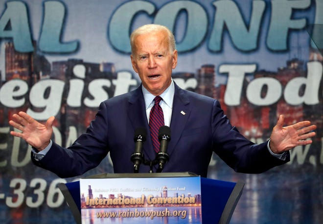Democratic presidential candidate former Vice President Joe Biden addresses the Rainbow PUSH Coalition Annual International Convention Friday, June 28, 2019, in Chicago.