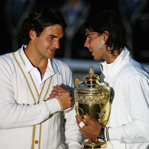 Roger Federer of Switzerland congratulates Rafael...