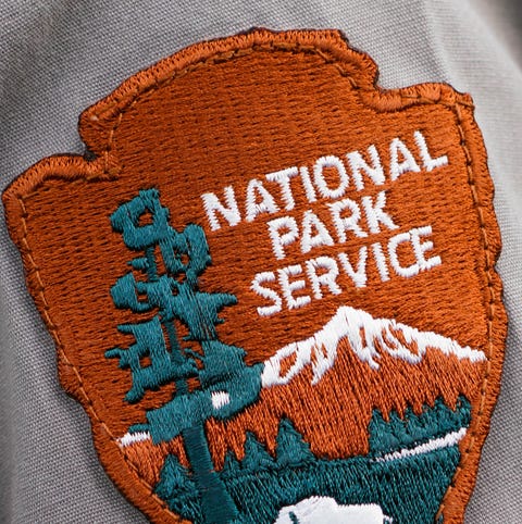 A close-up showing a park ranger's uniform patch.
