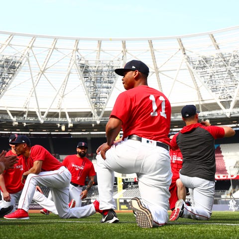 Red Sox players take part in a team workoutk on...