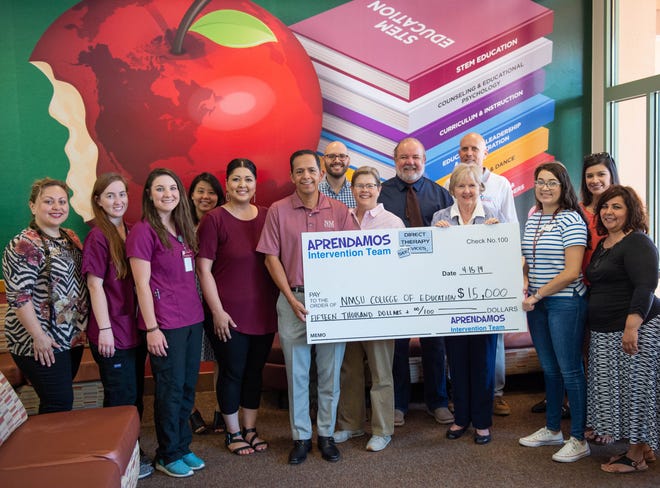 The Aprendamos Intervention Team and Direct Therapies Center presented a $15,000 check Wednesday to two departments in the College of Education at New Mexico State University. The Communication Disorders department received $10,000, while the Department of Counseling and Educational Psychology received $5,000. The check presentation marked the first time in 12 years that Aprendamos has donated to the Counseling and Educational Psychology department.