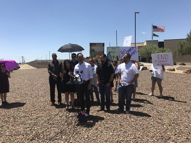 Presidential candidate Julián Castro discusses the immigration system and ways he would reform it Saturday, June 29, 2019, outside the Border Patrol Station in Clint.